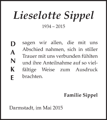 Traueranzeige von Lieselotte Sippel von Echo-Zeitungen (Gesamtausgabe)