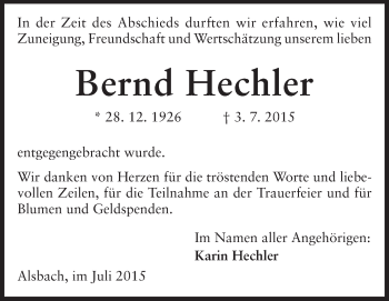 Traueranzeige von Bernd Hechler von Echo-Zeitungen (Gesamtausgabe)