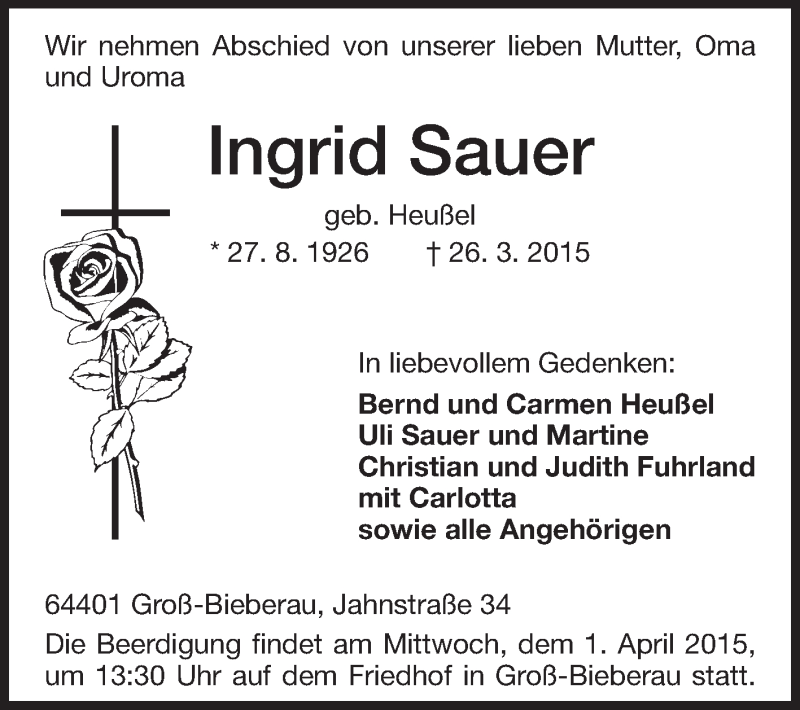  Traueranzeige für Ingrid Sauer vom 30.03.2015 aus Echo-Zeitungen (Gesamtausgabe)