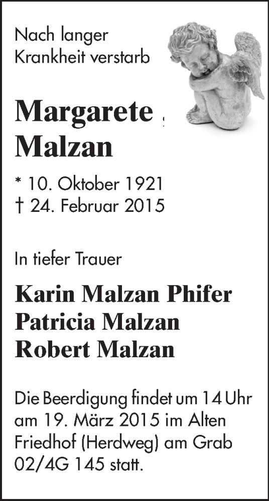  Traueranzeige für Margarete Malzan vom 14.03.2015 aus Echo-Zeitungen (Gesamtausgabe)