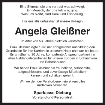 Traueranzeige von Angela Gleißner von Echo-Zeitungen (Gesamtausgabe)