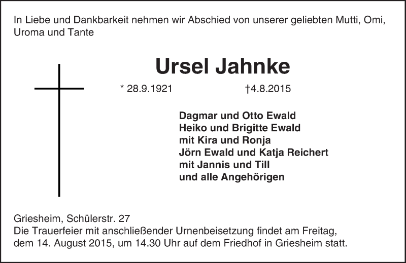  Traueranzeige für Ursel Jahnke vom 11.08.2015 aus trauer.echo-online.de