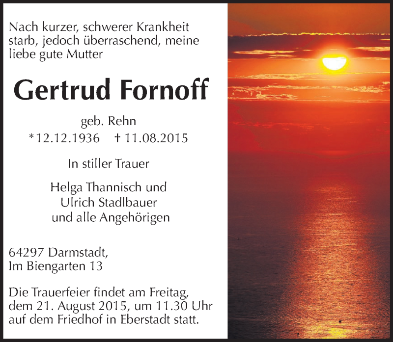  Traueranzeige für Gertrud Fornoff vom 18.08.2015 aus trauer.echo-online.de