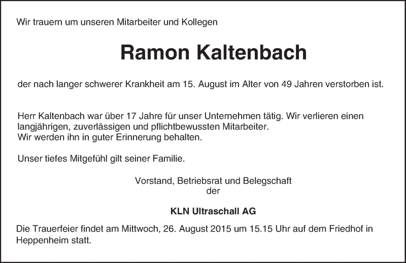  Traueranzeige für Ramon Kaltenbach vom 26.08.2015 aus trauer.echo-online.de