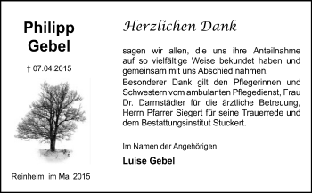 Traueranzeige von Philipp Gebel von Darmstädter Echo, Odenwälder Echo, Rüsselsheimer Echo, Groß-Gerauer-Echo, Ried Echo