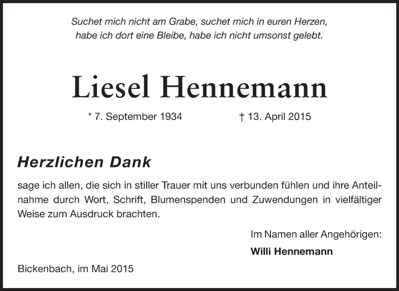  Traueranzeige für Liesel Hennemann vom 02.05.2015 aus Echo-Zeitungen (Gesamtausgabe)