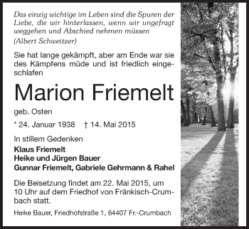 Traueranzeige von Marion Friemelt von Echo-Zeitungen (Gesamtausgabe)