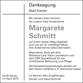 Traueranzeige von Margarete Schmitt von Rüsselsheimer Echo, Groß-Gerauer-Echo, Ried Echo