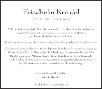 Traueranzeige von Friedhelm Kreidel von Echo-Zeitungen (Gesamtausgabe)