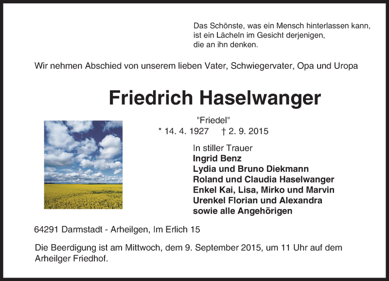  Traueranzeige für Friedrich Haselwanger vom 05.09.2015 aus trauer.echo-online.de