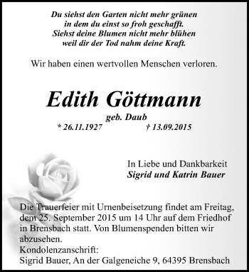 Traueranzeige von Edith Göttmann von trauer.echo-online.de