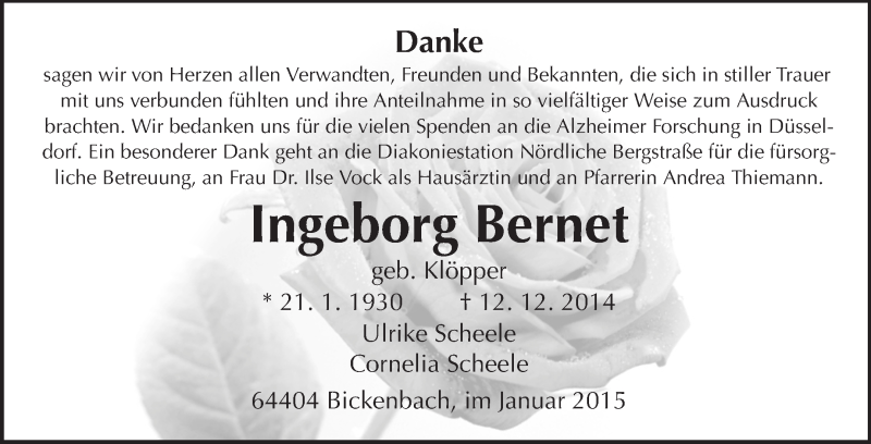  Traueranzeige für Ingeborg Bernet vom 31.01.2015 aus Echo-Zeitungen (Gesamtausgabe)