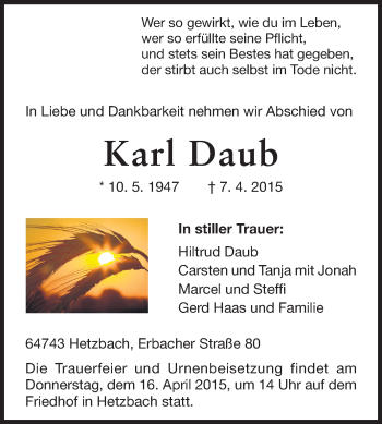 Traueranzeige von Karl Daub von Odenwälder Echo