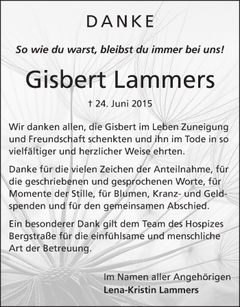 Traueranzeige von Gisbert Lammers von Echo-Zeitungen (Gesamtausgabe)