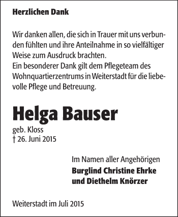 Traueranzeige von Helga Bauser von Echo-Zeitungen (Gesamtausgabe)