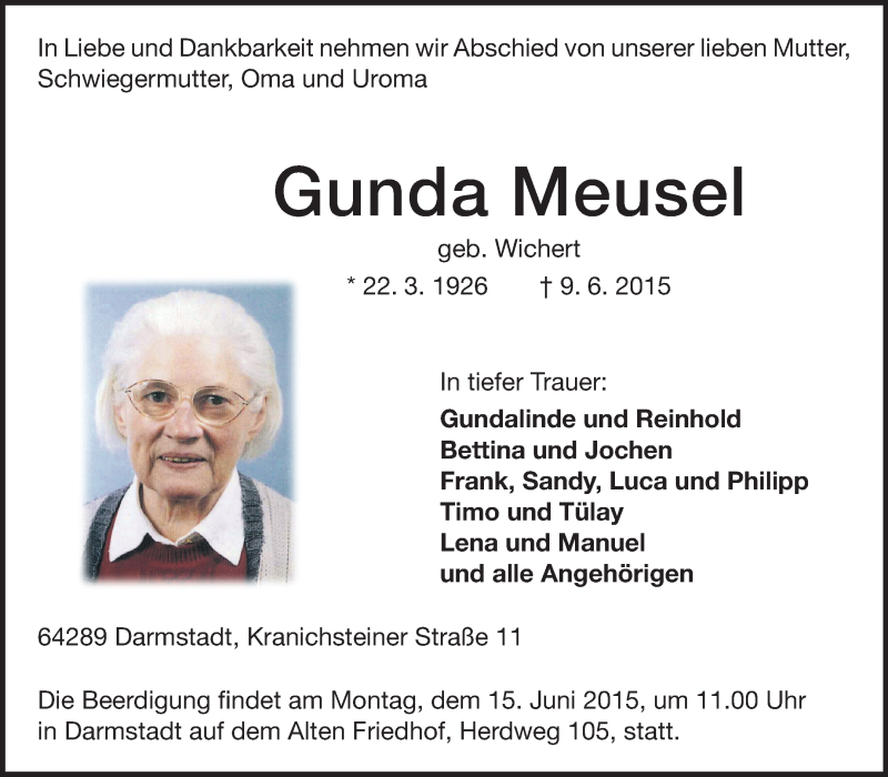  Traueranzeige für Gunda Meusel vom 13.06.2015 aus Echo-Zeitungen (Gesamtausgabe)