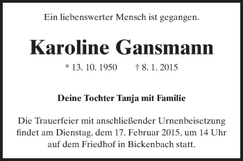 Traueranzeige von Karoline Gansmann von Echo-Zeitungen (Gesamtausgabe)