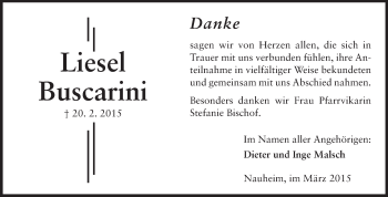 Traueranzeige von Liesel Buscarini von Rüsselsheimer Echo, Groß-Gerauer-Echo, Ried Echo