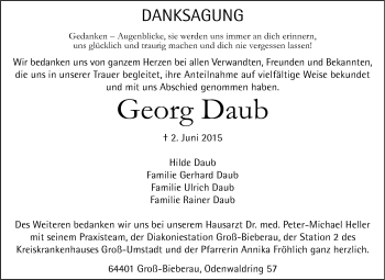 Traueranzeige von Georg Daub von Echo-Zeitungen (Gesamtausgabe)