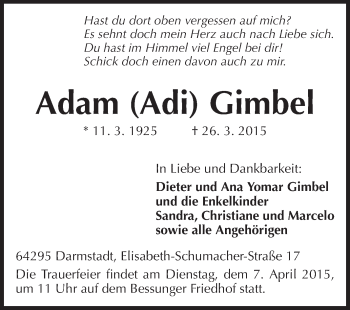 Traueranzeige von Adam Gimbel von Echo-Zeitungen (Gesamtausgabe)
