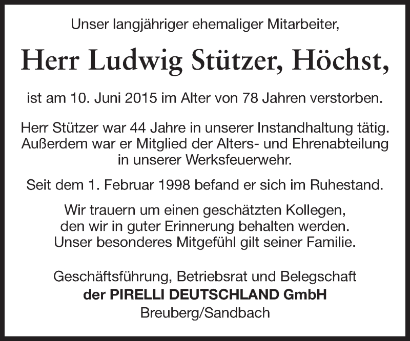  Traueranzeige für Ludwig Stützer vom 25.06.2015 aus Odenwälder Echo