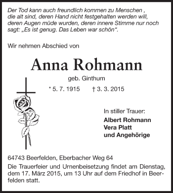 Traueranzeige von Anna Rohmann von Odenwälder Echo