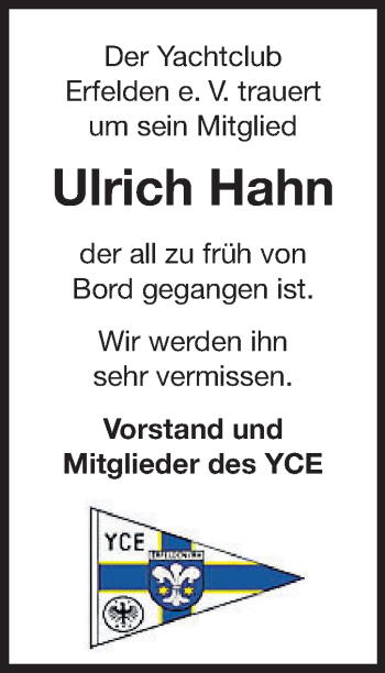 Traueranzeige von Ulrich Hahn von Rüsselsheimer Echo, Groß-Gerauer-Echo, Ried Echo