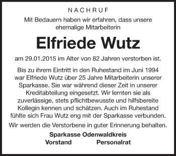 Traueranzeige von Elfriede Wutz von Odenwälder Echo