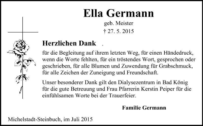  Traueranzeige für Ella Germann vom 18.07.2015 aus Odenwälder Echo