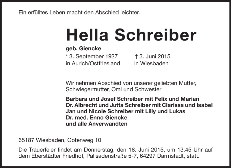  Traueranzeige für Hella Schreiber vom 13.06.2015 aus Echo-Zeitungen (Gesamtausgabe)