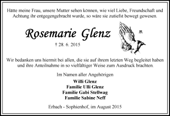 Traueranzeige von Rosemarie Glenz von trauer.echo-online.de
