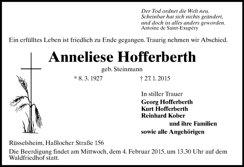  Traueranzeige für Anneliese Hofferberth vom 31.01.2015 aus Rüsselsheimer Echo, Groß-Gerauer-Echo, Ried Echo