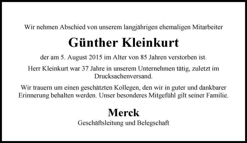  Traueranzeige für Günther Kleinkurt vom 18.08.2015 aus trauer.echo-online.de