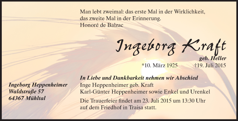  Traueranzeige für Ingeborg Kraft vom 22.07.2015 aus Echo-Zeitungen (Gesamtausgabe)