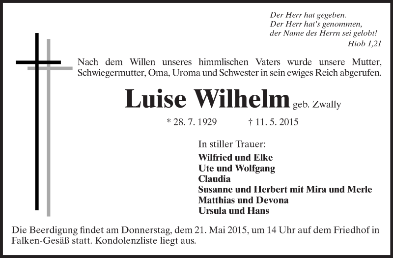  Traueranzeige für Luise Wilhelm vom 19.05.2015 aus Odenwälder Echo