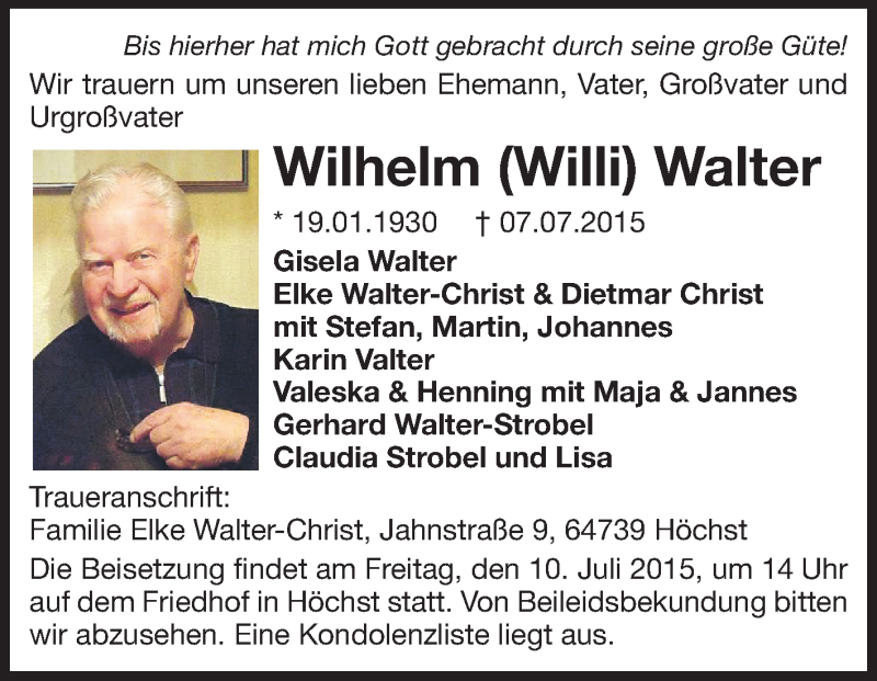  Traueranzeige für Wilhelm Walter vom 09.07.2015 aus Odenwälder Echo