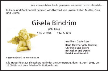 Traueranzeige von Gisela Bindrim von Echo-Zeitungen (Gesamtausgabe)
