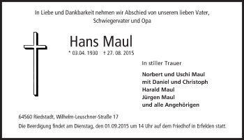 Traueranzeige von Hans Maul von trauer.echo-online.de