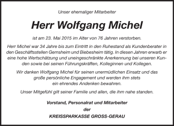 Traueranzeige von Wolfgang Michel von Rüsselsheimer Echo, Groß-Gerauer-Echo, Ried Echo