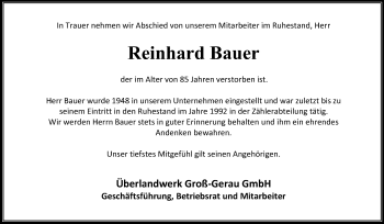 Traueranzeige von Reinhard Bauer von Rüsselsheimer Echo, Groß-Gerauer-Echo, Ried Echo