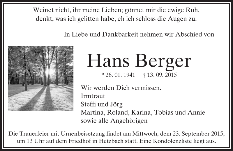  Traueranzeige für Hans Berger vom 21.09.2015 aus trauer.echo-online.de