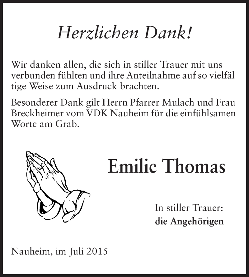  Traueranzeige für Emilie Thomas vom 18.07.2015 aus Rüsselsheimer Echo, Groß-Gerauer-Echo, Ried Echo