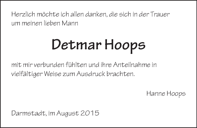  Traueranzeige für Detmar Hoops vom 29.08.2015 aus trauer.echo-online.de