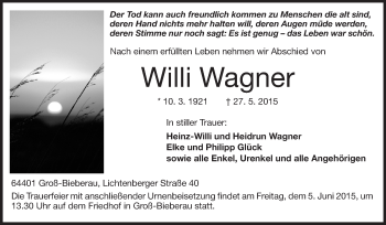 Traueranzeige von Willi Wagner von Echo-Zeitungen (Gesamtausgabe)