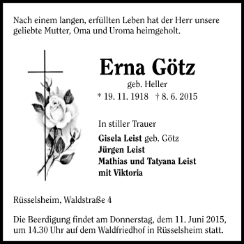 Traueranzeige von Erna Götz von Echo-Zeitungen (Gesamtausgabe)