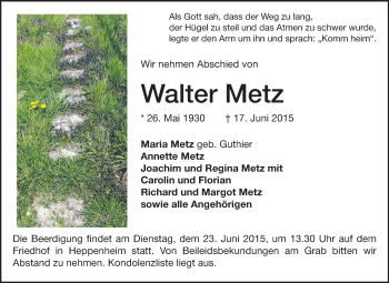 Traueranzeige von Walter Metz von Starkenburger Echo