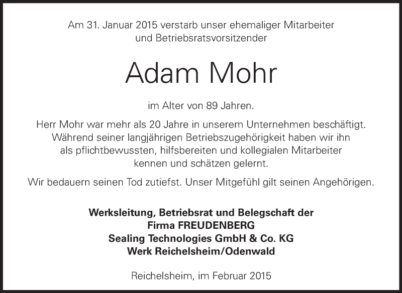  Traueranzeige für Adam Mohr vom 07.02.2015 aus Odenwälder Echo
