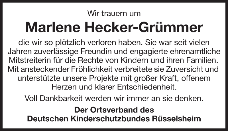  Traueranzeige für Marlene Hecker-Grümmer vom 20.02.2015 aus Rüsselsheimer Echo, Groß-Gerauer-Echo, Ried Echo