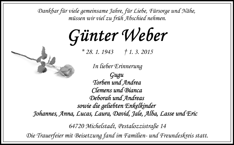  Traueranzeige für Günter Weber vom 21.03.2015 aus Odenwälder Echo