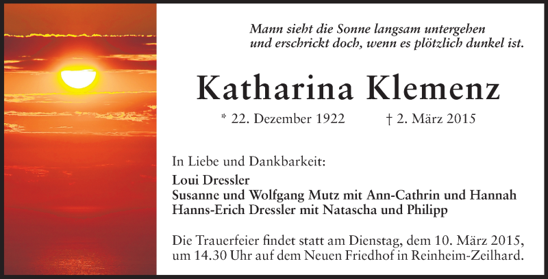  Traueranzeige für Katharina Klemenz vom 07.03.2015 aus Echo-Zeitungen (Gesamtausgabe)